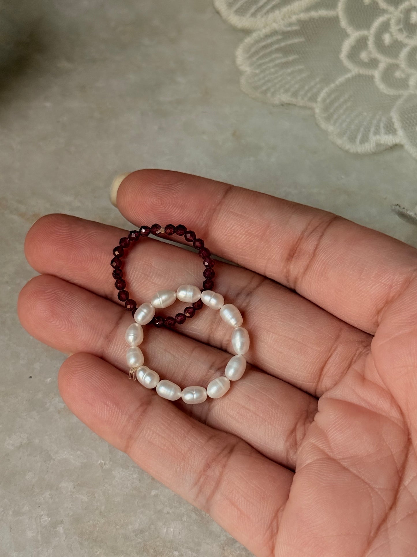 Natural Crystal Stretchy Fresh Water Pearl & Garnet Rings