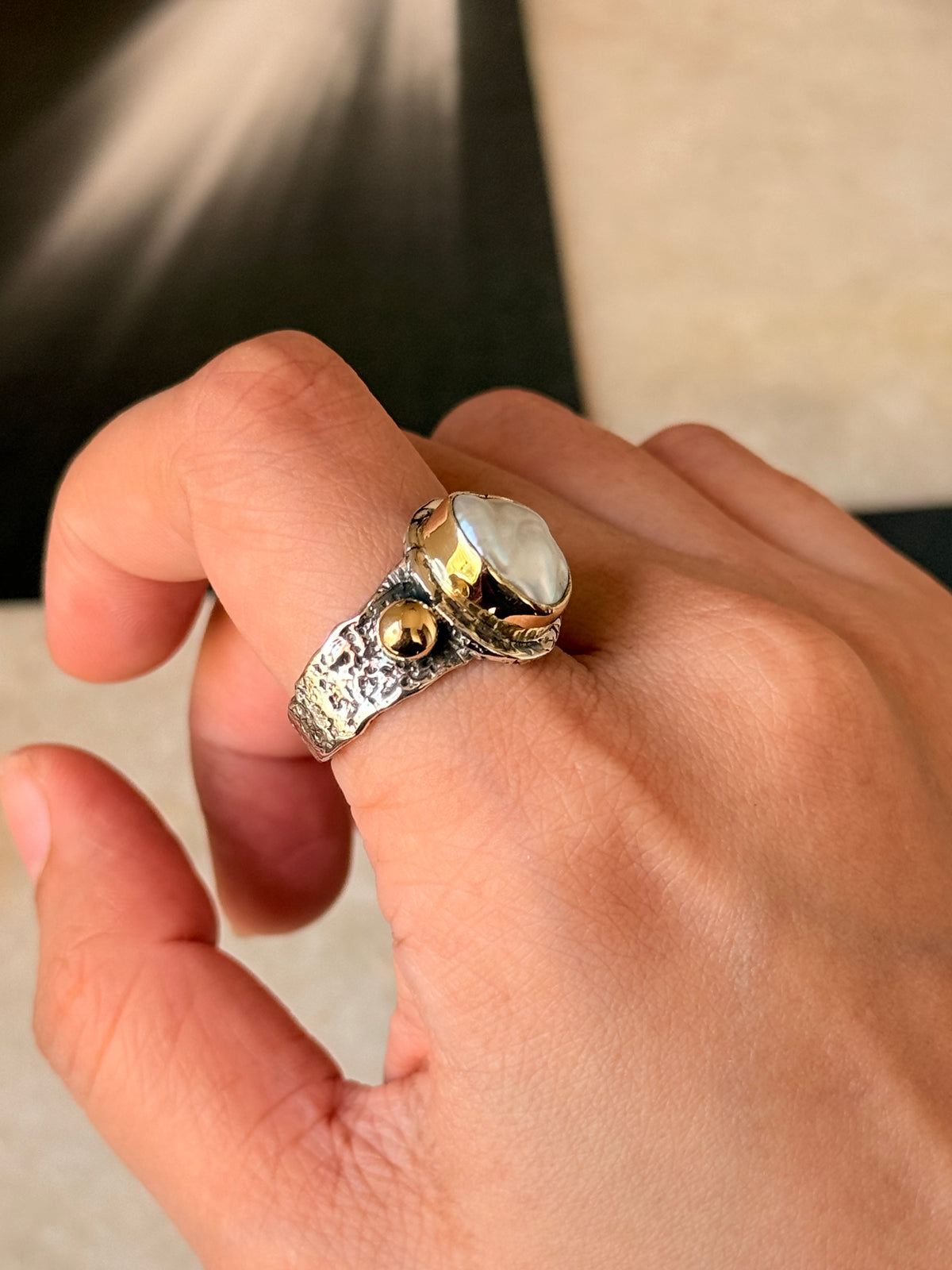 925 Sterling Silver Baroque Pearl Rustic Fusion Handcrafted Ring