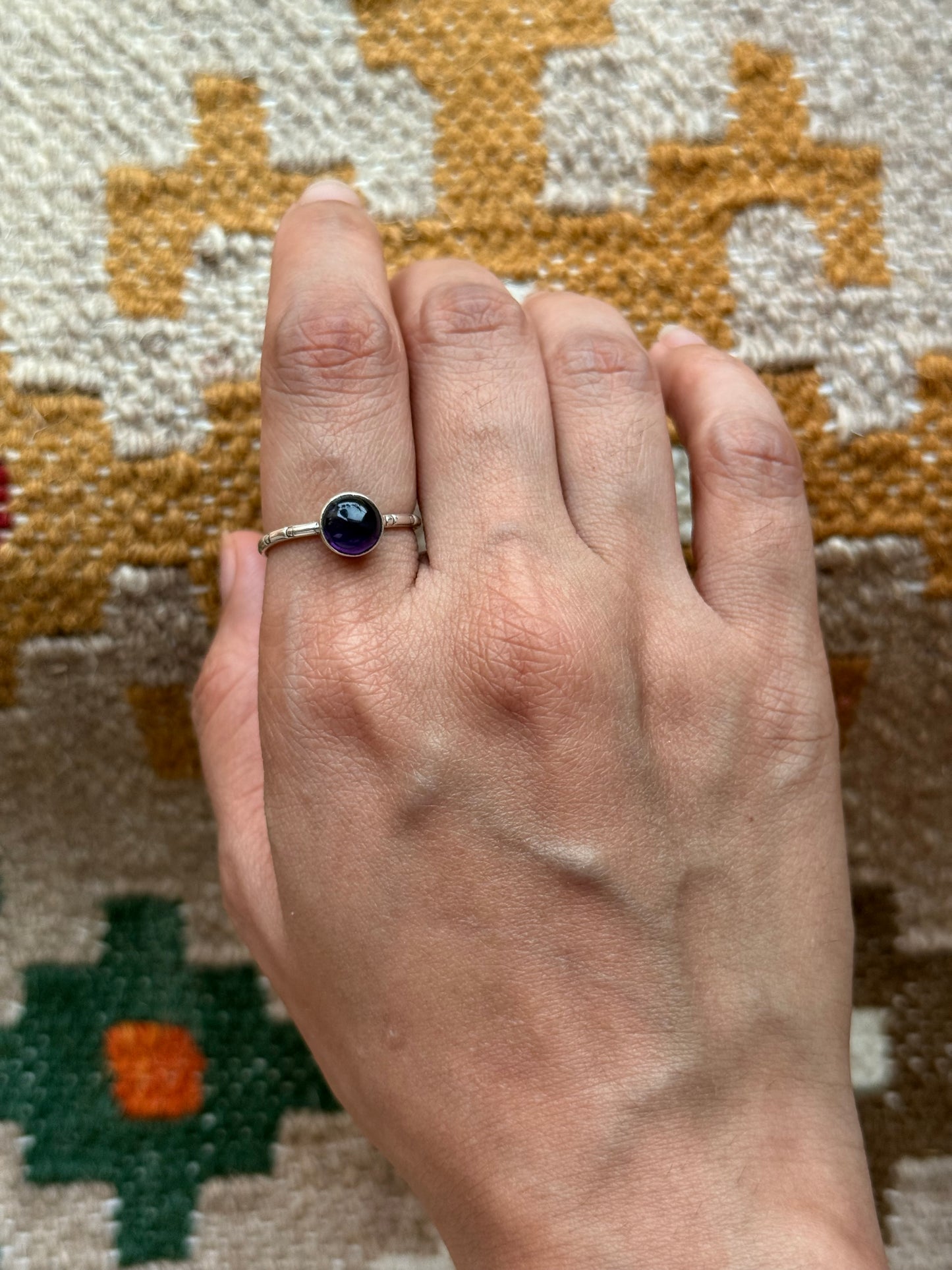 Amethyst Round Tribal Engraved Adjustable 925 Sterling Silver Ring