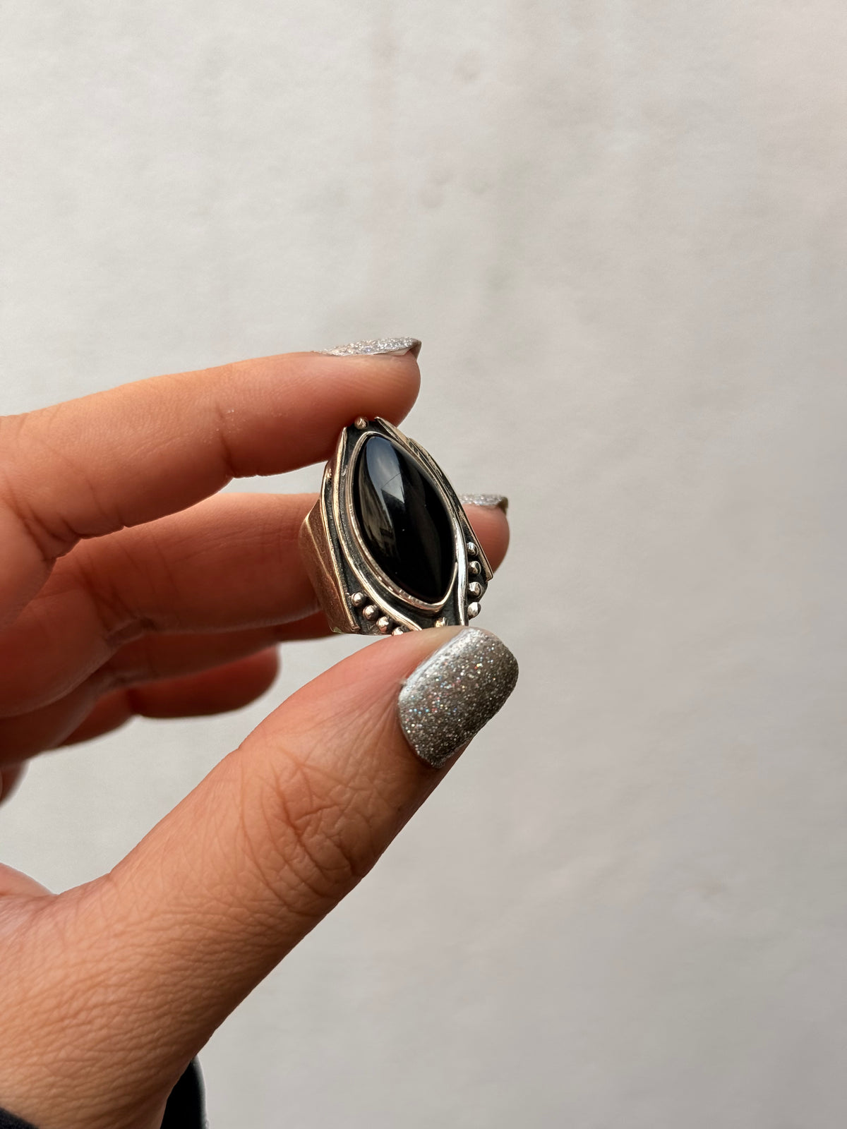 925 Sterling Silver Black Onyx Marquise Gothic Rustic Ring