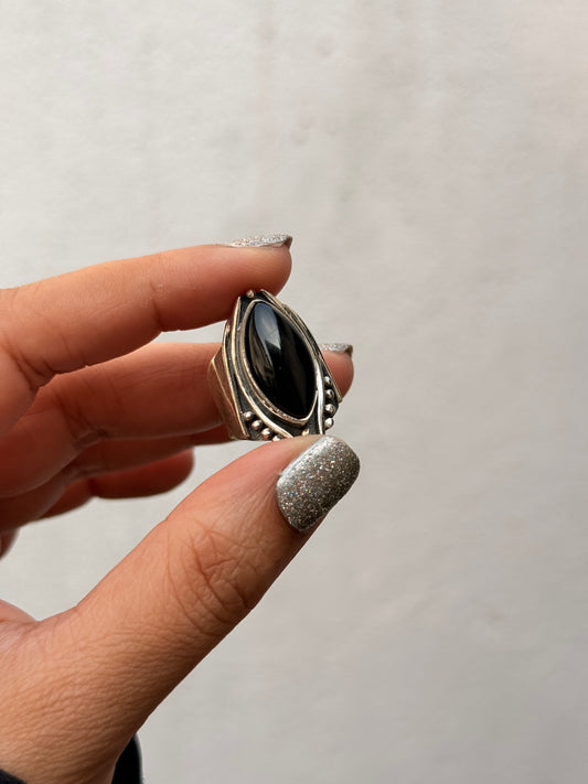 925 Sterling Silver Black Onyx Marquise Gothic Rustic Ring