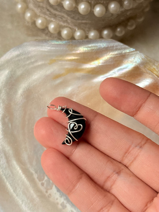 925 Sterling Silver Black Onyx Moon Wire Wrapped Handcrafted Pendant