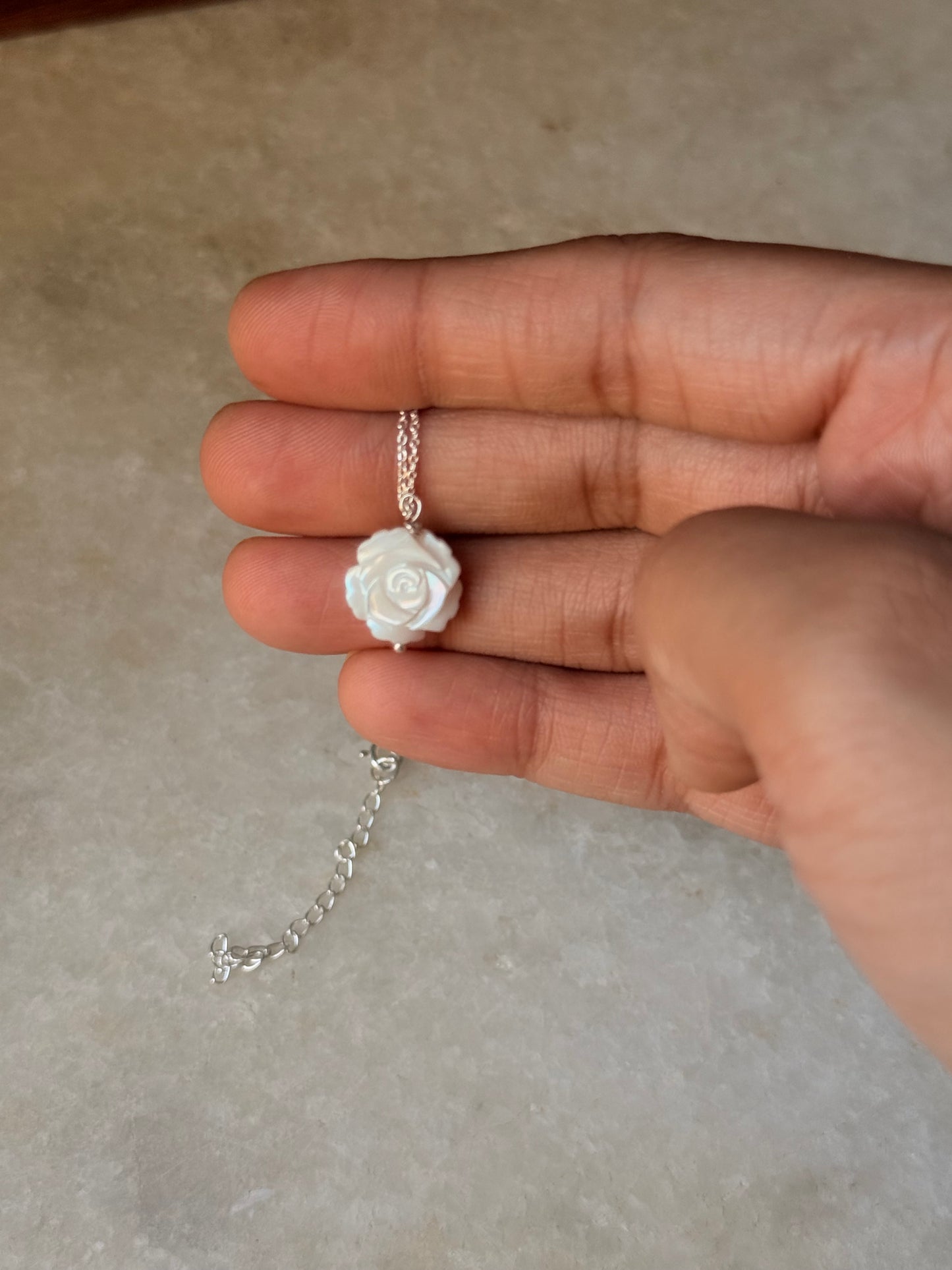 925 Sterling Silver Mother of Pearl Rose Carved Handcrafted Necklace