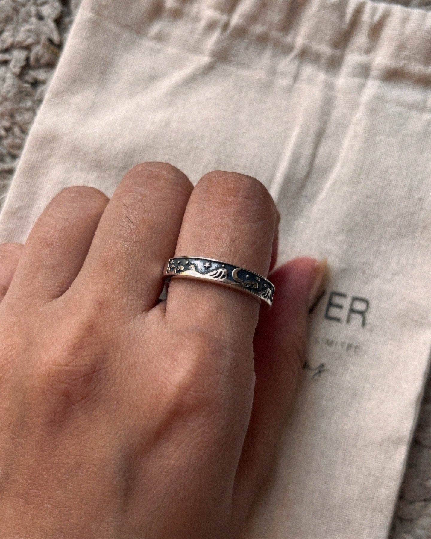 Adjustable Silver Ring Featuring Waves, Moon, and Stars for Ocean Lovers