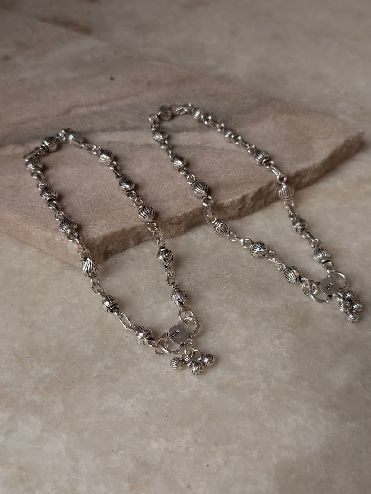 925 Sterling Silver Tribal Shell Textured Balls Handcrafted Anklet
