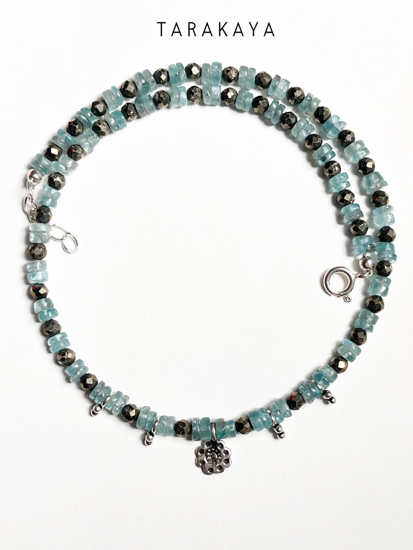 Blue Apatite & Pyrite Silver Charms Boho Choker Handcrafted Sterling Silver 925 Necklace