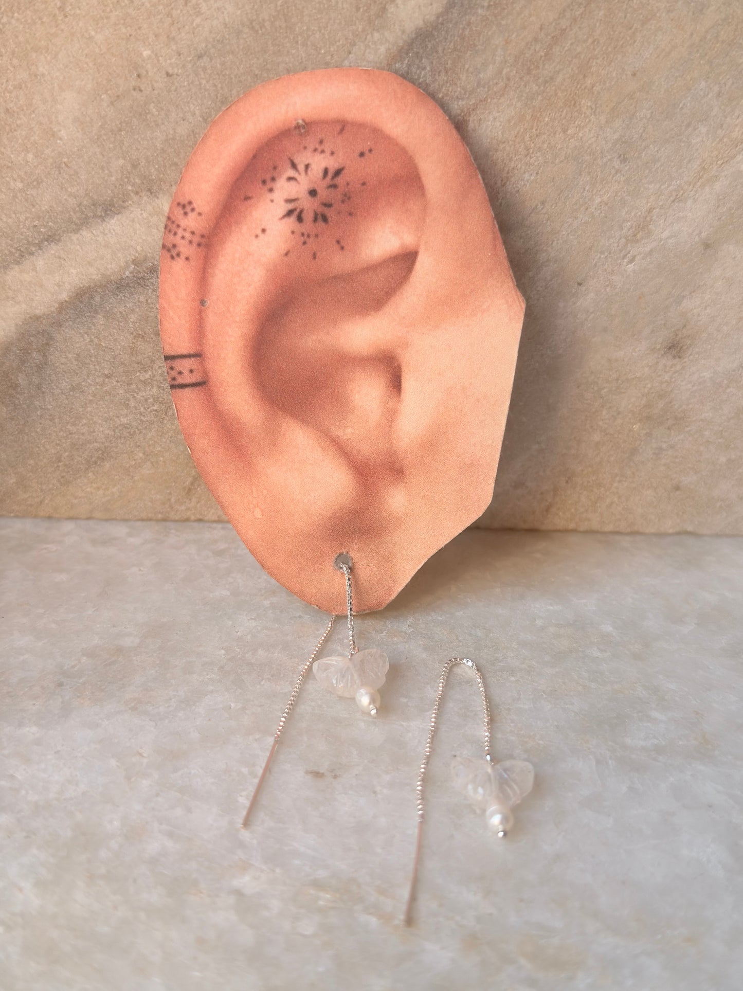 925 Sterling Silver Moonstone Butterfly & Pearls Sui Dhaga Earrings