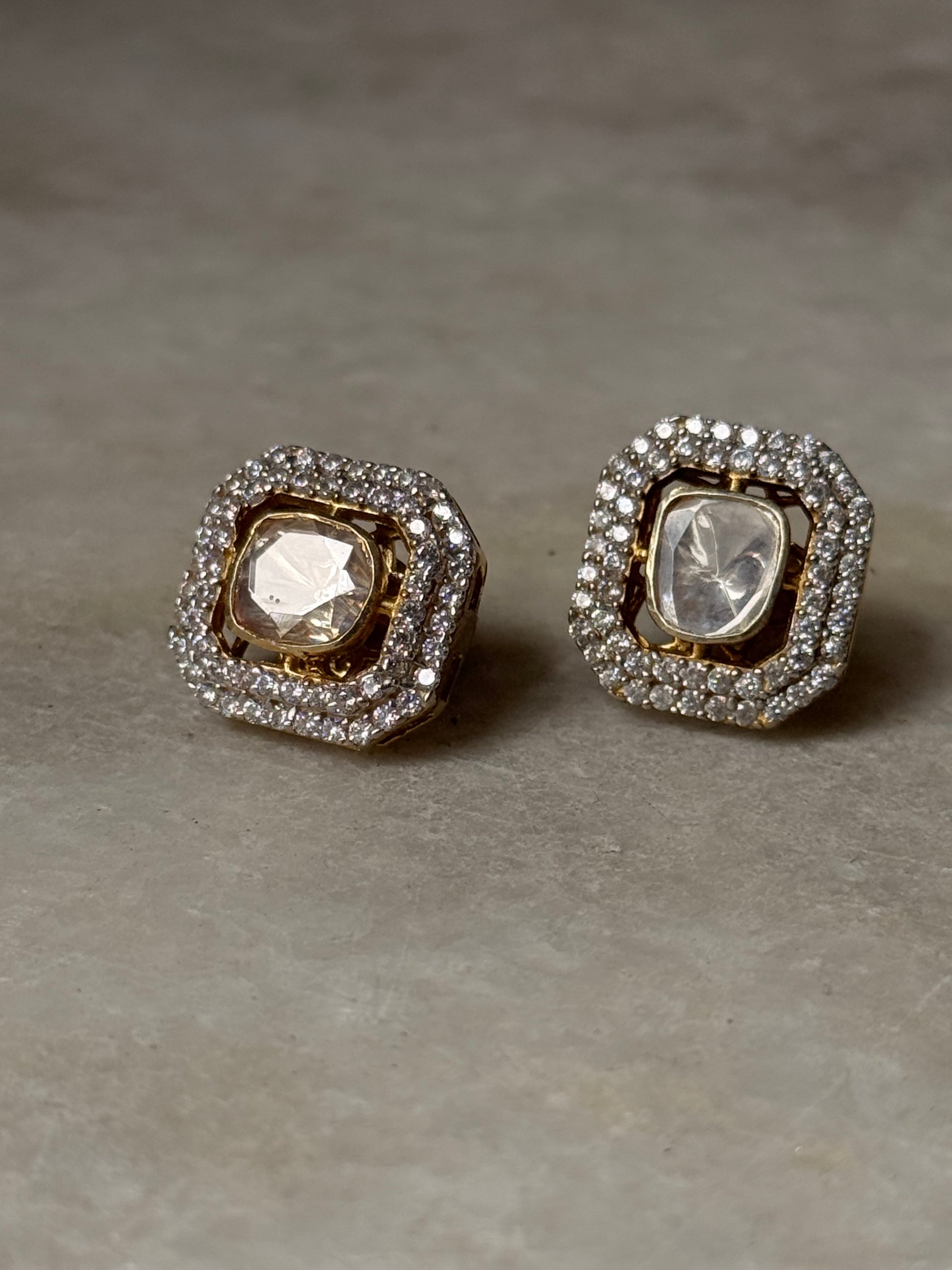 925 Sterling Silver Gold Plated Antique Moissanite Polki Square Studs earrings featuring sparkling gemstones.