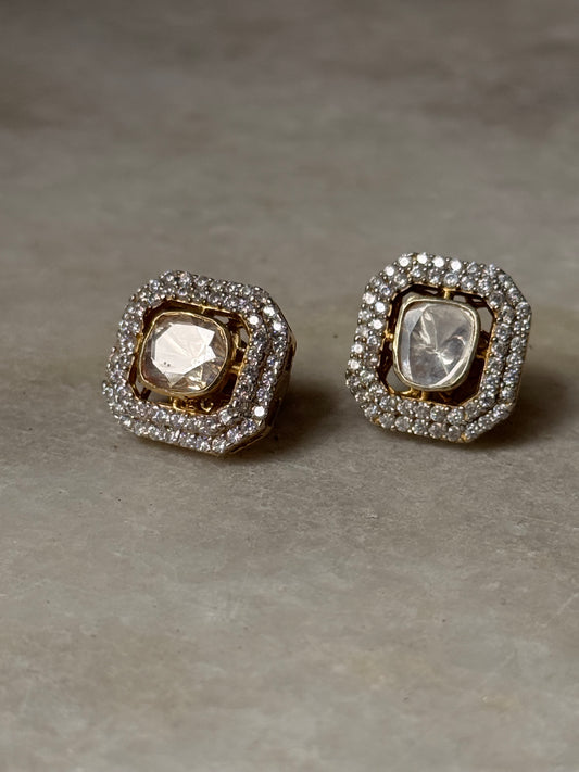 925 Sterling Silver Gold Plated Antique Moissanite Polki Square Studs earrings featuring sparkling gemstones.