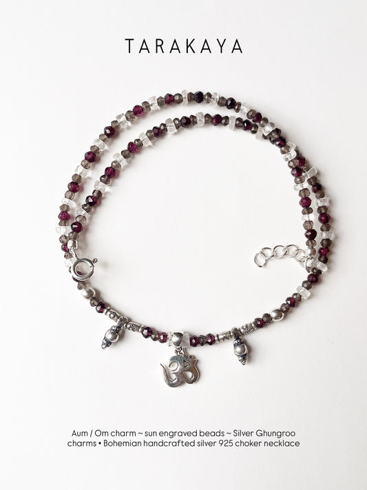 OM AUM Garnet, Clear Quartz & Smokey Quartz Tribal 925 Sterling Silver Boho Choker Necklace