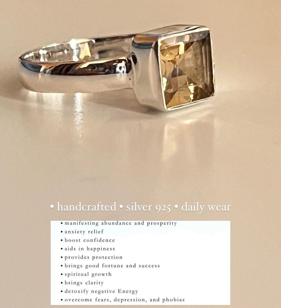 Timeless square cut citrine stone silver ring with simple elegance