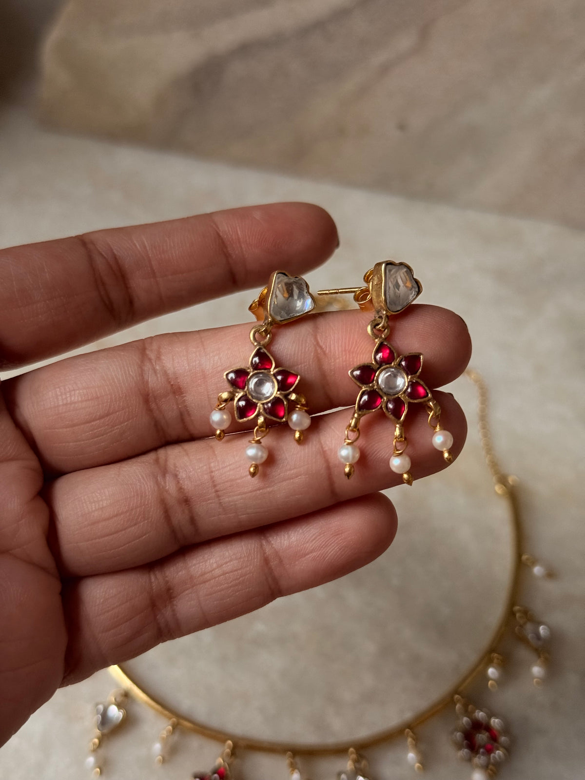 925 Sterling Silver Red Stone , Fresh Water Pearls & Kundan Polki Handcrafted Gold Plated Necklace Set