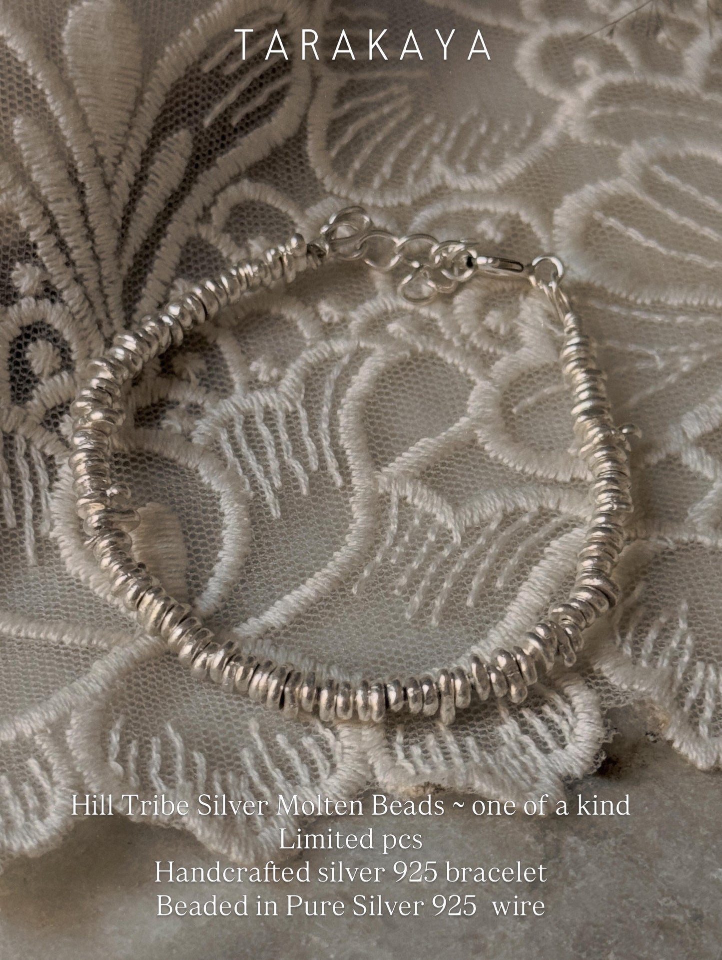 925 Sterling Silver Chunky Molten  Hill Tribe Handcrafted Beads In Pure Silver Wire Bracelet