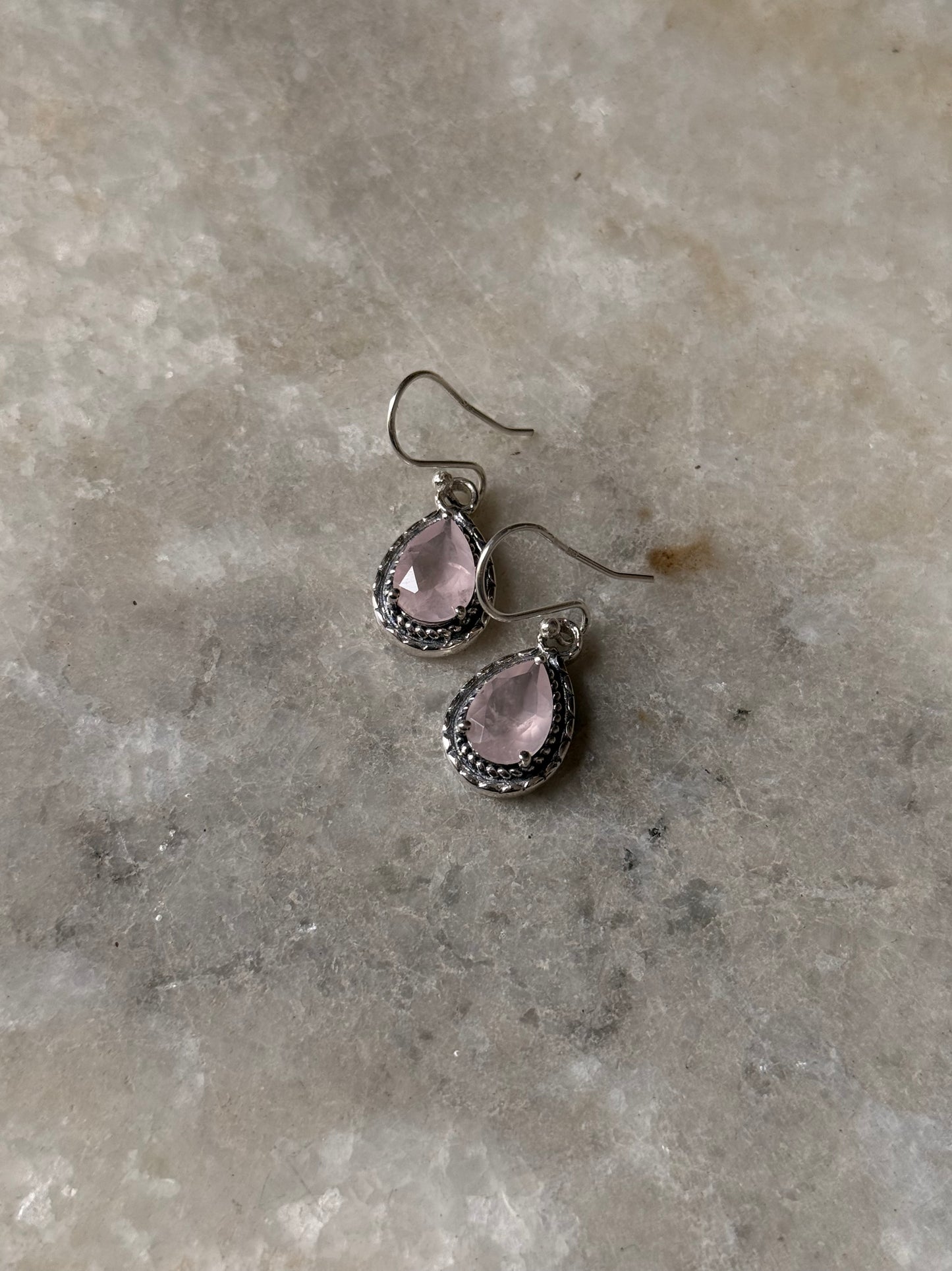 925 Sterling Silver Rose Quartz Pear Boho Hook Earrings