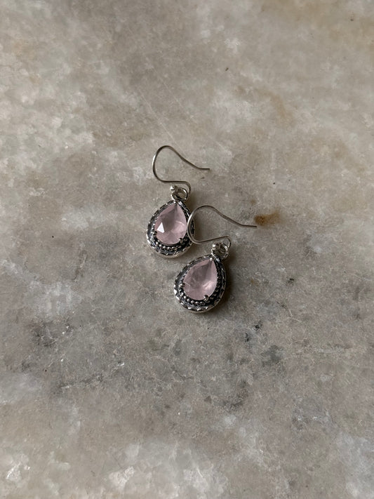 925 Sterling Silver Rose Quartz Pear Boho Hook Earrings