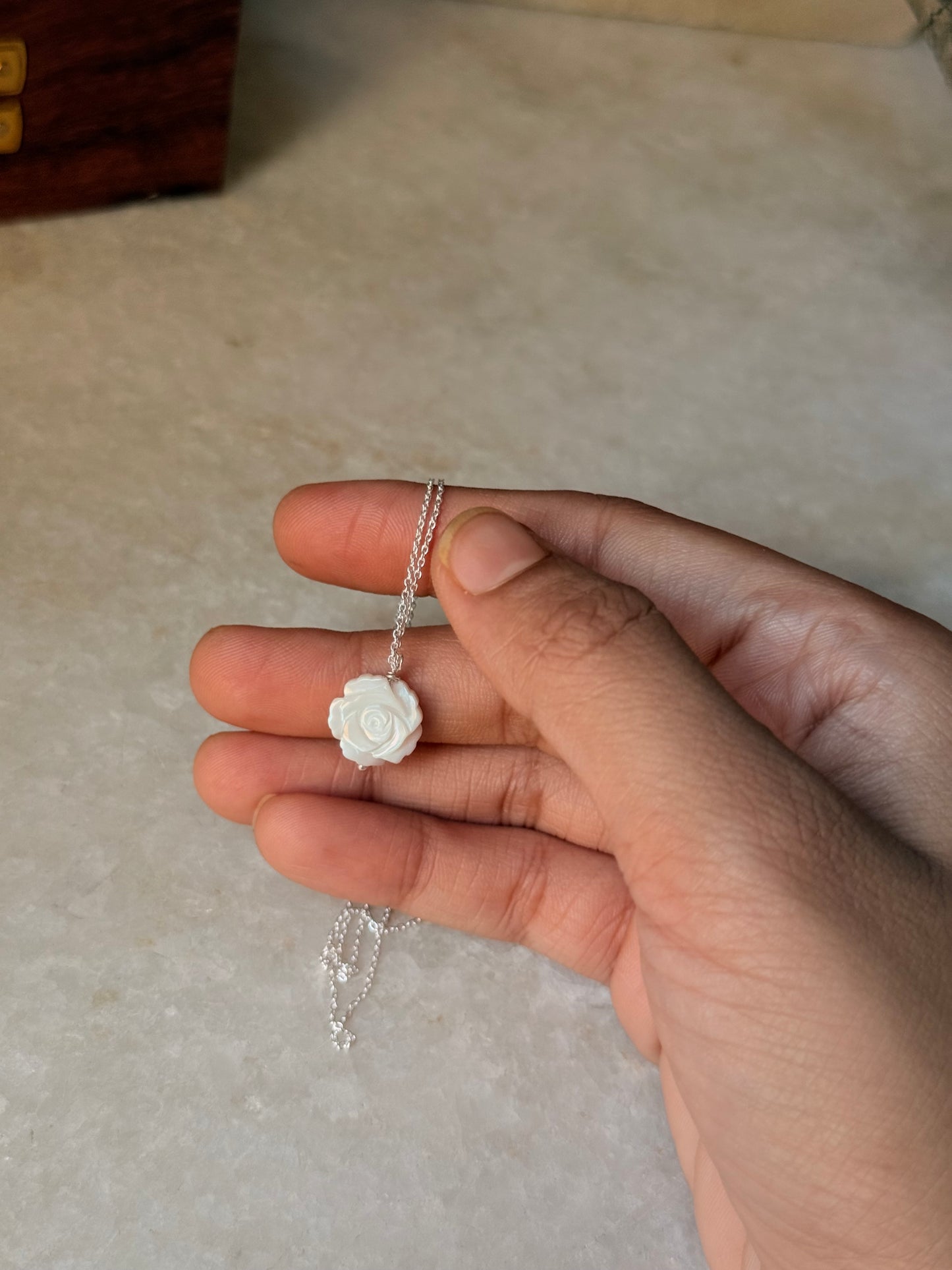 925 Sterling Silver Mother of Pearl Rose Carved Handcrafted Necklace