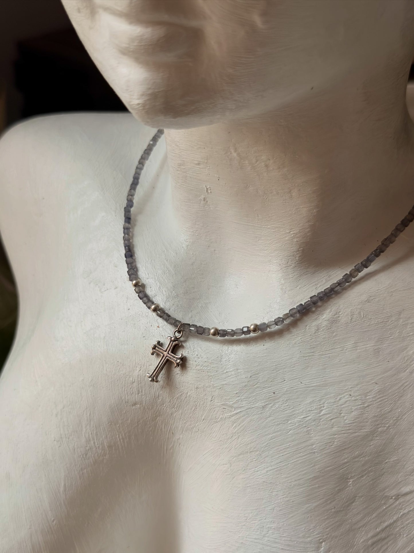 925 Sterling Silver Iolite Box 2mm Vintage Cross Charm Handcrafted Necklace