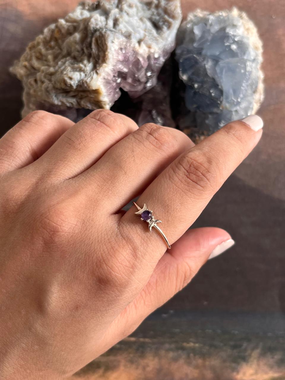 Silver Ring with Amethyst and Moon Phases Design