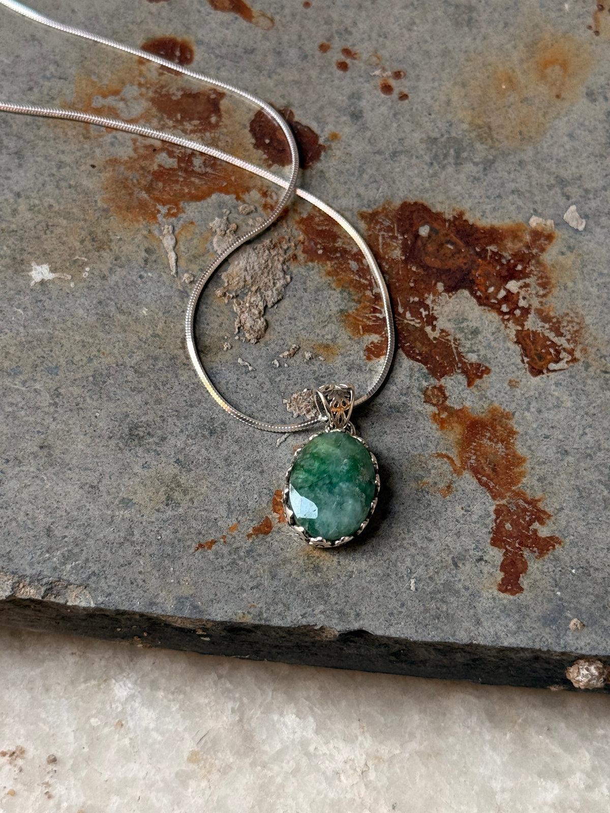 925 Sterling Silver Green Aventurine Faceted Oval Boho Handcrafted One of a Kind Pendant