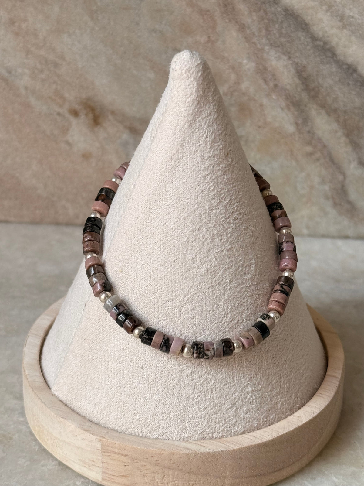 925 Sterling Silver Rhodonite Flat Tube Crystal Silver Balls Bracelet
