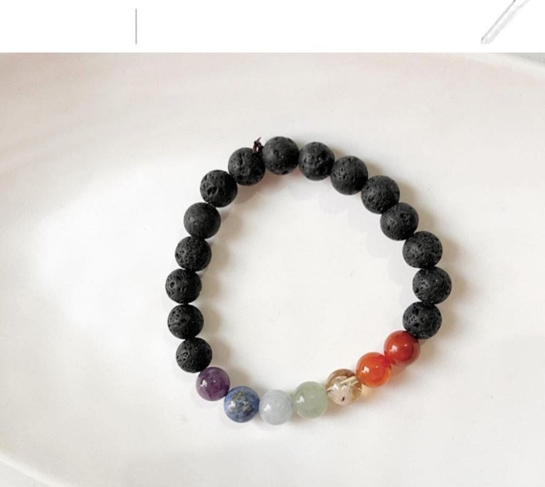 8MM Seven Chakra Gemstone Bracelet with Black Lava