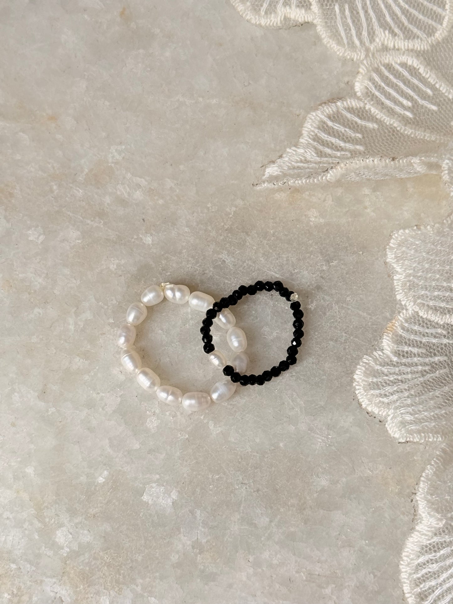 Natural Crystal Stretchy Fresh Water Pearl & Black Spinel Pearl Rings