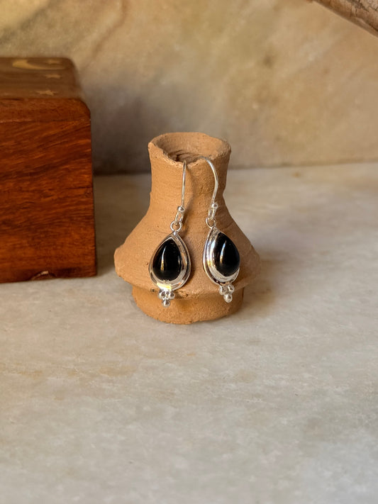 925 Sterling Silver Black Onyx Pear Rawa Handcrafted Hook Earrings