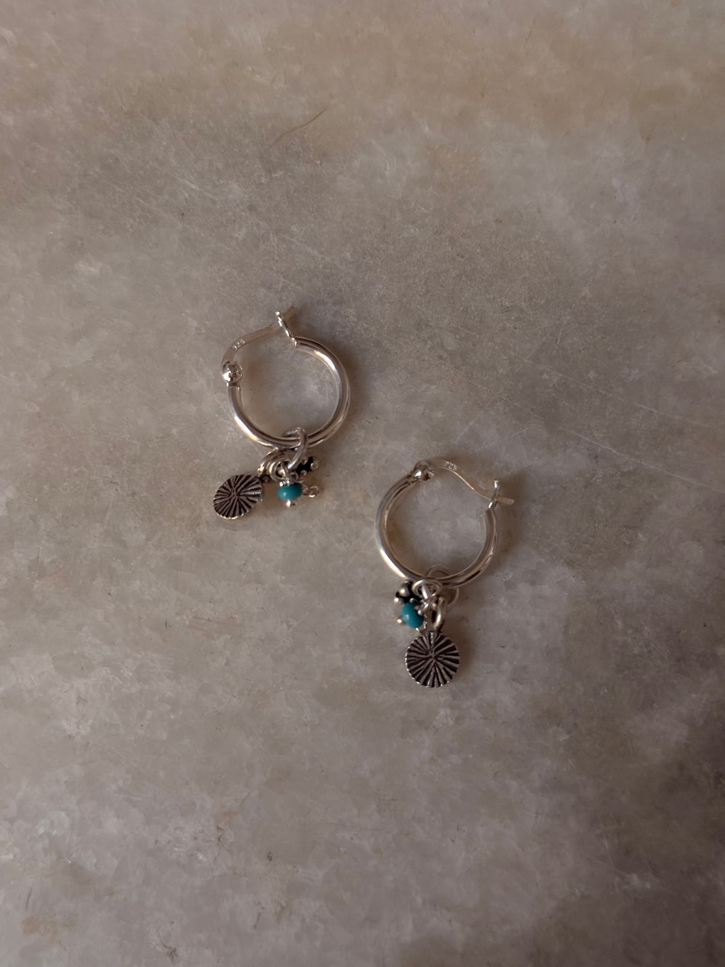 925 Sterling Silver Hill Tribe Handcrafted Coin Charm ,Rawa Tribal Charm & Blue Beads With Chain ~Removal Italian Hoops