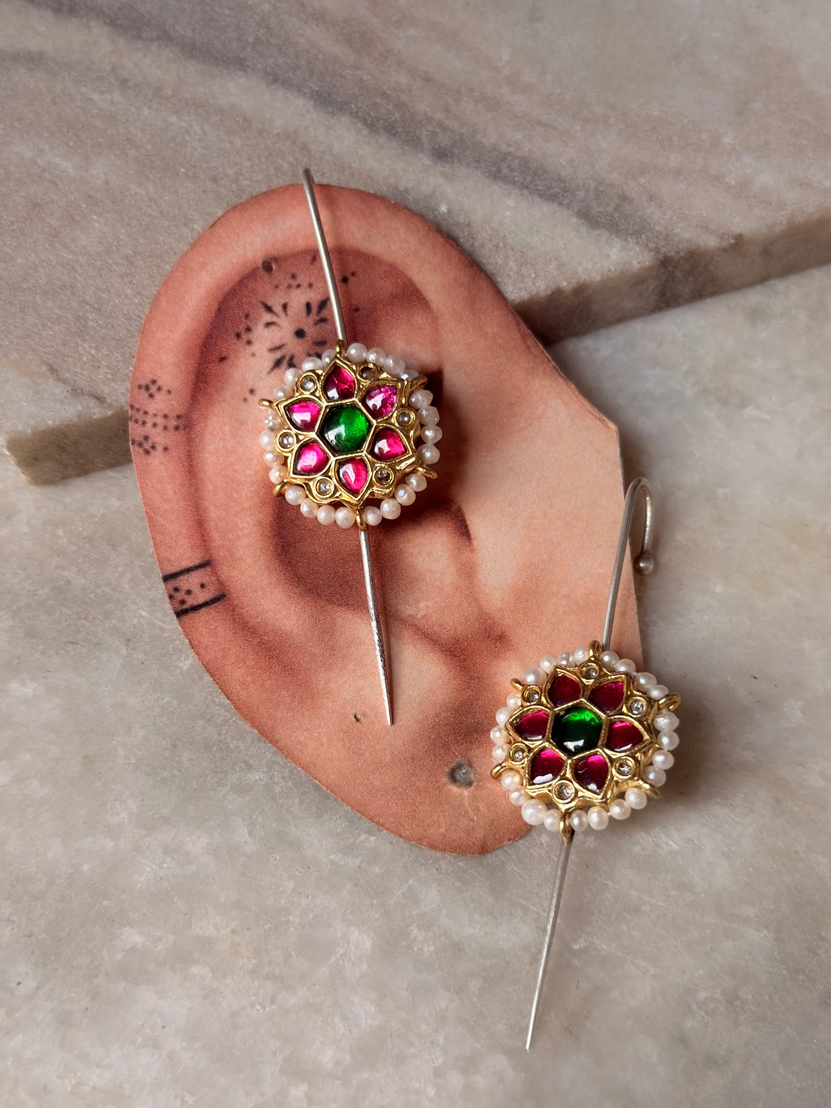 925 Sterling Silver Gold Plated Pink & Green Stone Kundan & Fresh Water Pearls Pirohi Full Ear Cuffs - Dual Tone