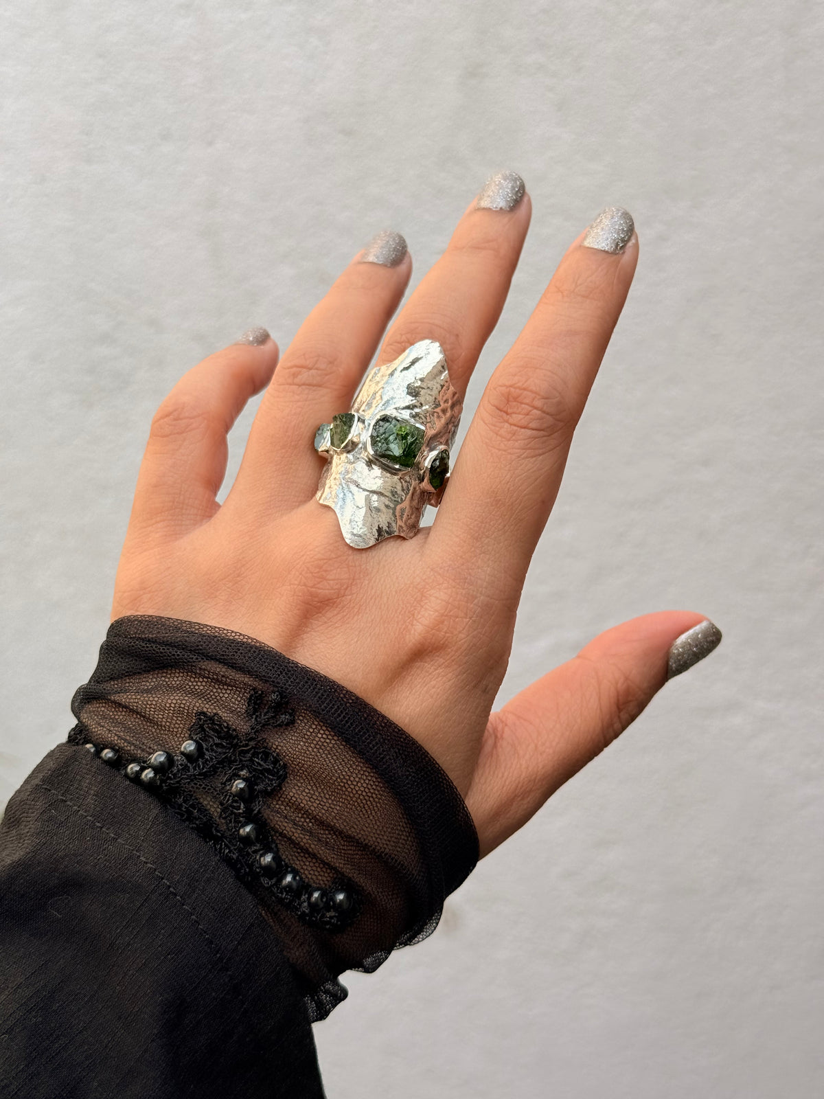925 Sterling Silver Green Tourmaline Raw Uncut Molten Textured Statement Handcrafted Ring