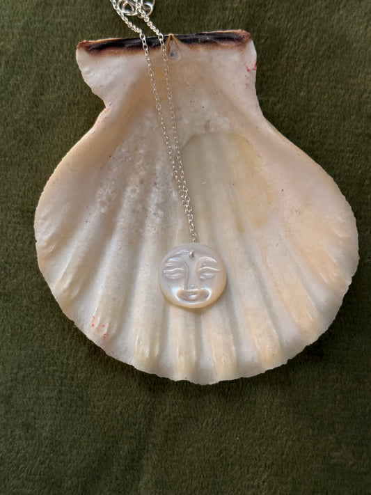 925 Sterling Silver Mother of Pearl Full Moon Face Carved Handcrafted Necklace