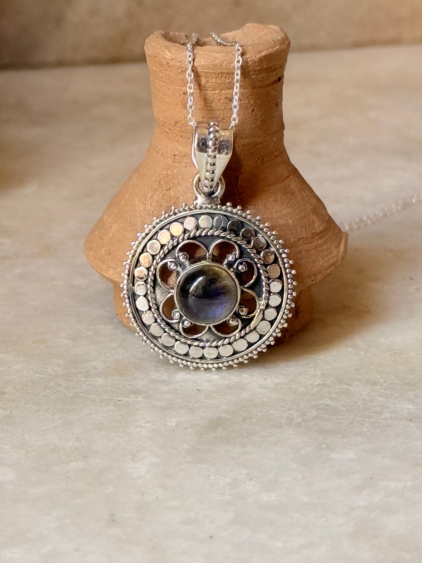 925 Sterling Silver Labradorite Mandala Boho Handcrafted Pendant