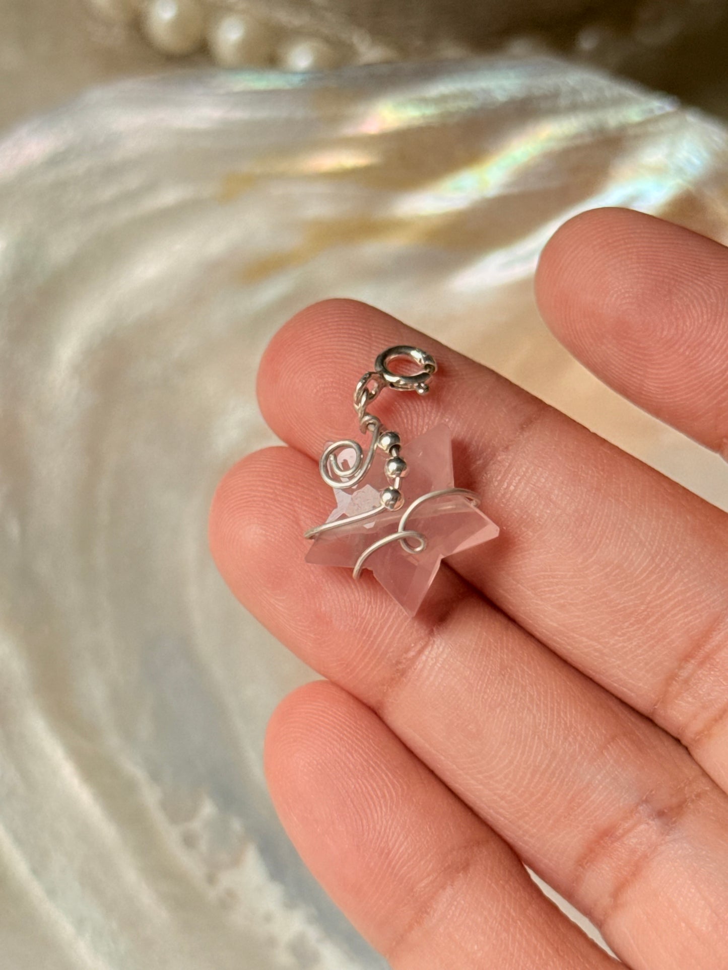 925 Sterling Silver Rose Quartz Star Carved -Wire Wrapped Handcrafted Pendant