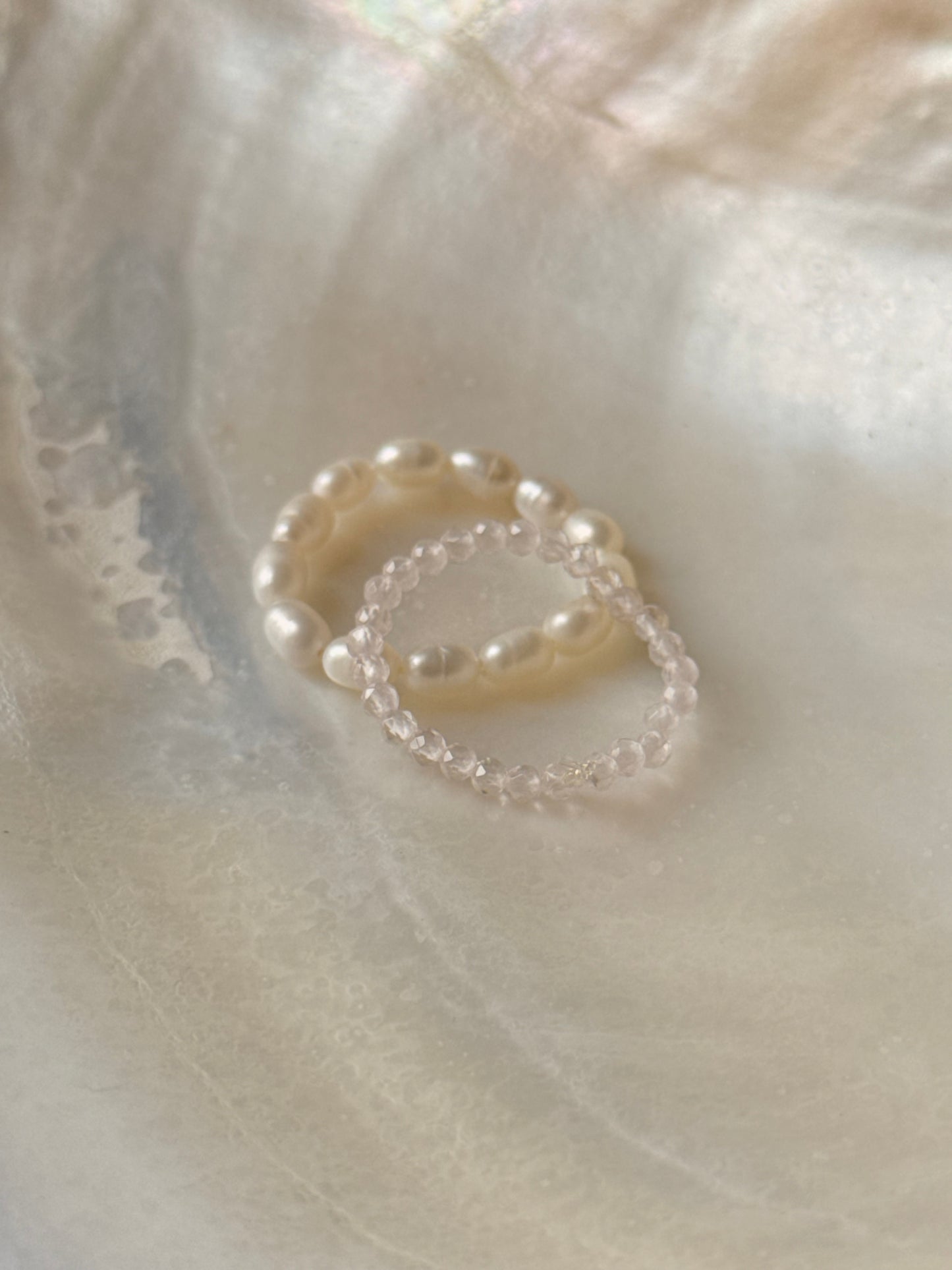 Natural Crystal Stretchy Light Shade Rose Quartz 2mm & Fresh Water Pearl Rings