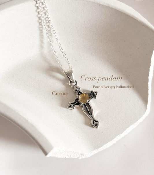 Vintage citrine cross silver pendant with intricate detailing