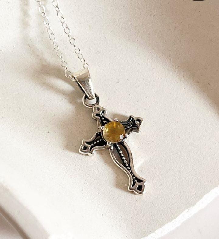 Vintage-inspired citrine cross pendant in polished silver
