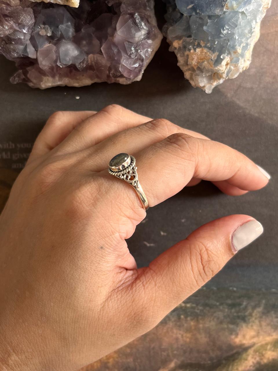 Handcrafted Oval Labradorite Silver Ring with Boho Charm
