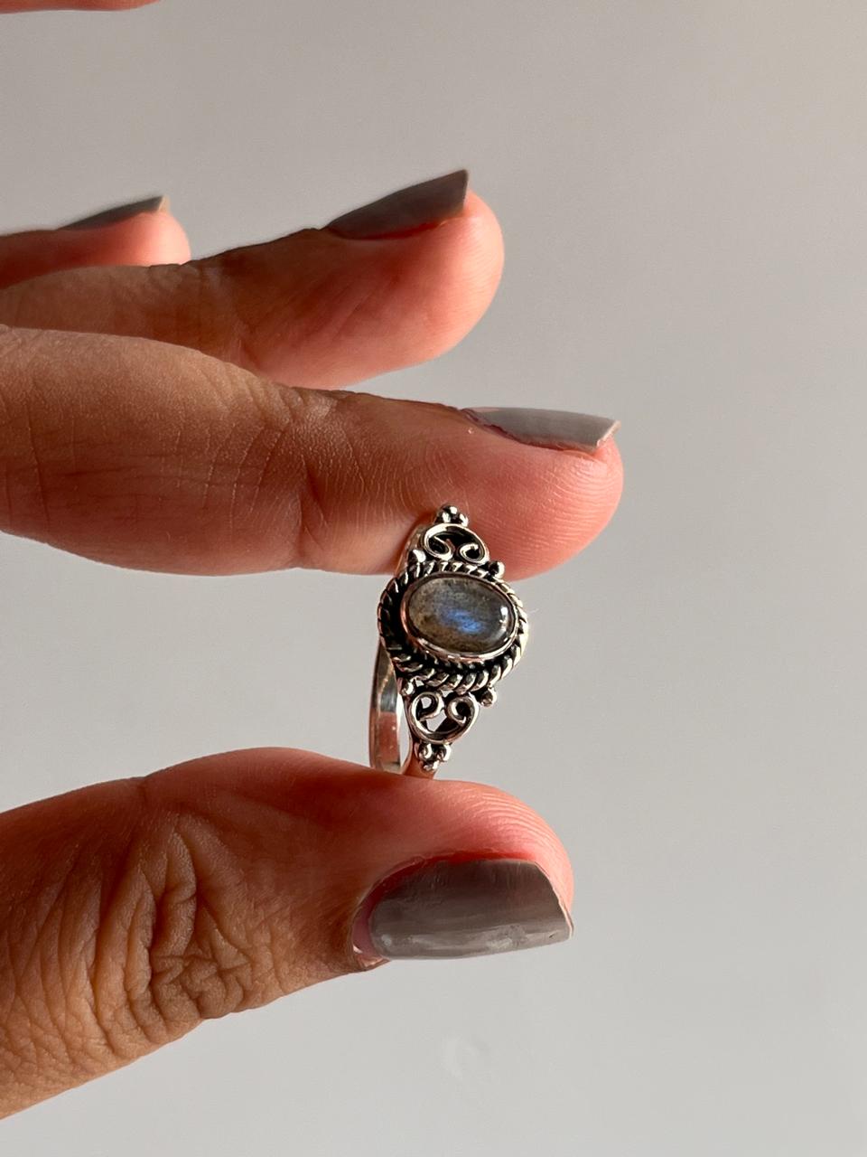 Labradorite Oval Silver Ring with Intricate Boho Detailing