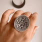 Handcrafted silver 925 ring with antique tribal Chitai flower pattern, adjustable fit.