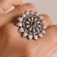 Sterling silver 925 adjustable ring with a vintage green flower mandala design.
