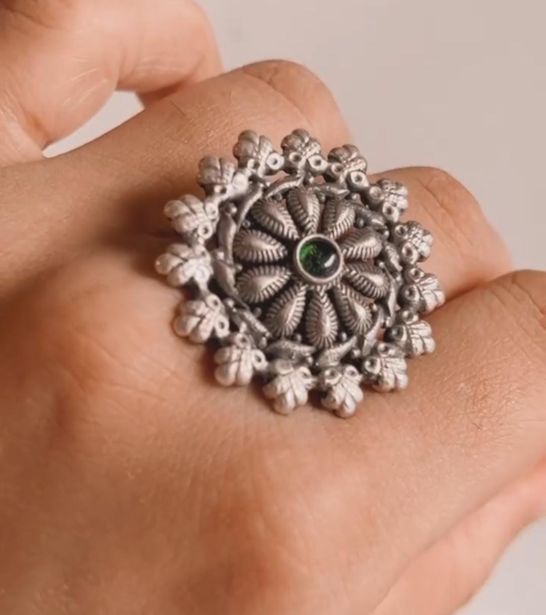 Sterling silver 925 adjustable ring with a vintage green flower mandala design.