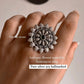 Antique green flower mandala statement ring in sterling silver 925.