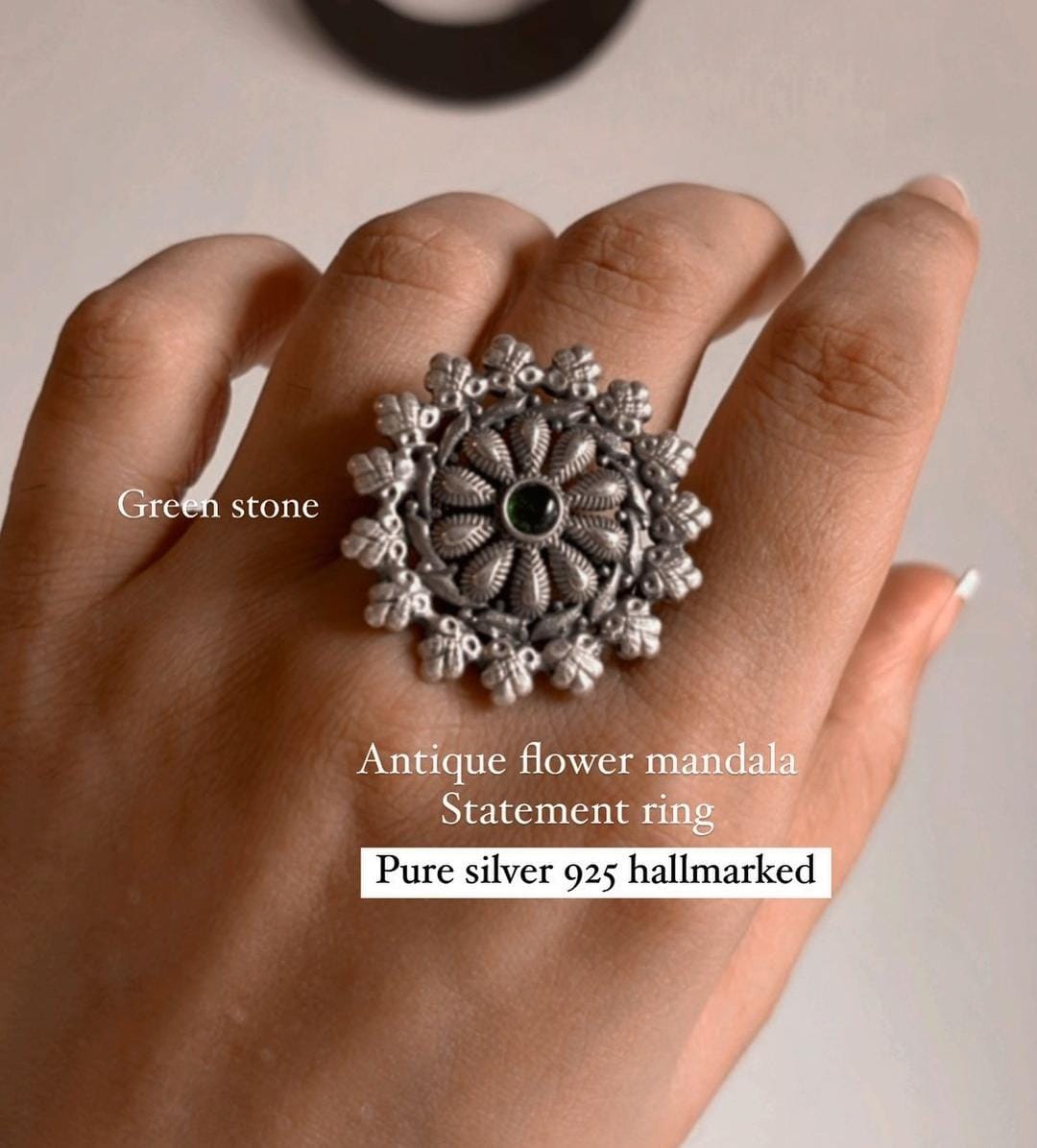 Antique green flower mandala statement ring in sterling silver 925.