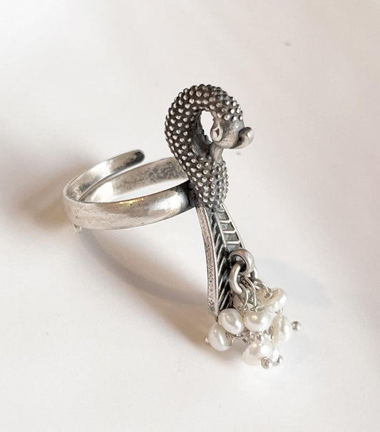Antique Mor / Peacock With Fresh Water Pearls Statement Silver 925 Adjustable Ring