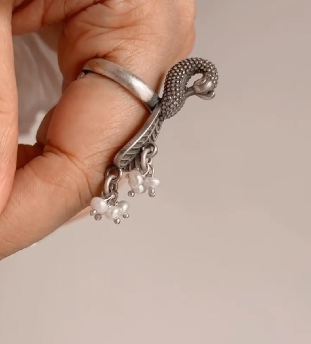 Silver 925 Adjustable Ring with Peacock Design and Fresh Water Pearls