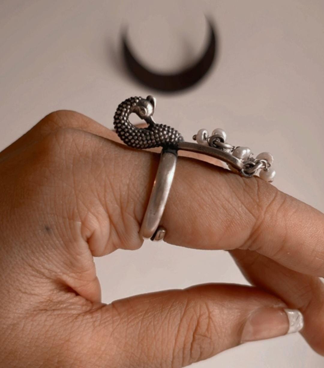 Handmade Antique Mor Peacock Ring with Fresh Water Pearls 