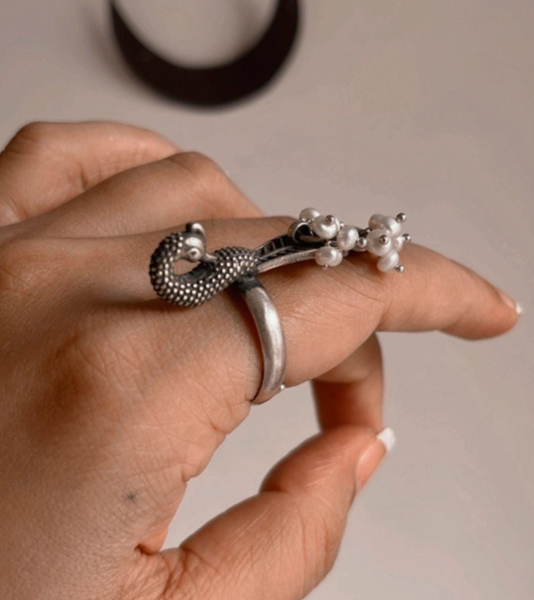 Statement Silver Ring with Peacock and Fresh Water Pearls in Antique Style