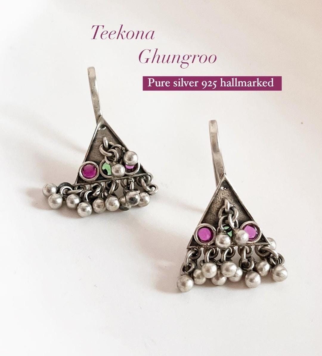 Elegant silver 925 earrings featuring Teekona ghungroo bugadi design.