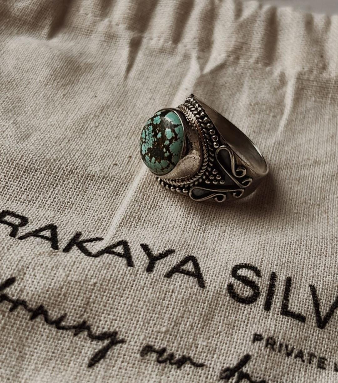 Handcrafted Tibet turquoise statement ring in silver