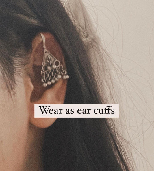 Antique Teekona ghungroo bugadi ear cuffs in sterling silver 925.